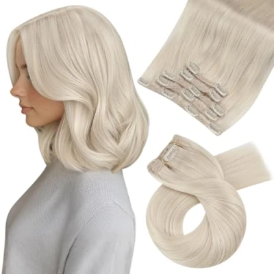 Abbildung von Moresoo Blond Clip in Extensions Echthaar Remy on Doppelt Tressen Platinblond Haarextension 80g 35 cm Glatt Dick Haare 5 #60