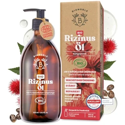 Abbildung von Bionoble Rizinusöl Bio 500ml 100% Rein, Natürlich, Kaltgepresst Wimpern, Augenbrauen, Haare, Bart, Nägel Vegan und Cruelty Free Castor Oil Glasflasche + Pumpe