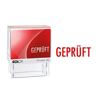 Abbildung von COLOP Text Stempel Printer 20 GEPRÜFT, Abdruck rot, für sofortigen Einsatz. Fertigstempel mit Lagertext und rotem Kissen