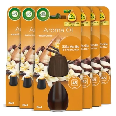 Abbildung von Air Wick Aroma Öl Flakon Nachfüller Duft: Süße Vanille und Sheabutter Süßlicher Wohnungsduft mit ätherischen Ölen 6 x 20ml Duftöl Set