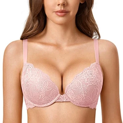 Abbildung von DOBREVA Damen Push Up BH Mit Spitze Gepolstert Plunge Bügel Vollschalen BHS Gemoldete Cups Nacktes Rosa 85C
