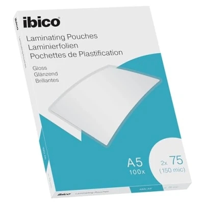 Abbildung von Ibico Laminierfolien A5 150 Mirkon (2 x 75 mic), 100 Stück, Glänzende Heißlaminierfolien, Abgerundete Ecken, Dünn und transparent, Kristallklar, Ideal für Büro oder Schule, 627314