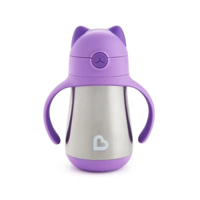 Abbildung von Munchkin Cool Cat Edelstahl Strohhalmbecher, auslaufsicher, ab 18 Monaten, violett, 237 ml