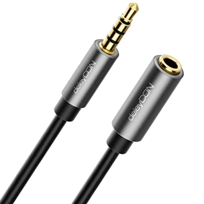 Abbildung von deleyCON 2m Headset Verlängerung CTIA 4 Polig TRRS Mikrofon 3,5mm Klinke Verlängerungskabel Kopfhörer AUX Metallstecker Stereo Audio PC Handy Smartphone Tablet HiFi Receiver