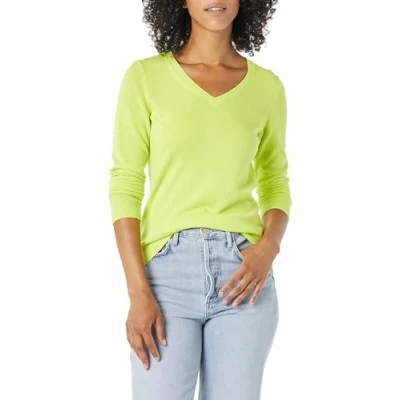 Abbildung von Amazon Essentials Damen Leichter, Langärmeliger Pullover Mit V Ausschnitt, Klassischer Schnitt (Erhältlich In Übergröße), Neongelb, XS