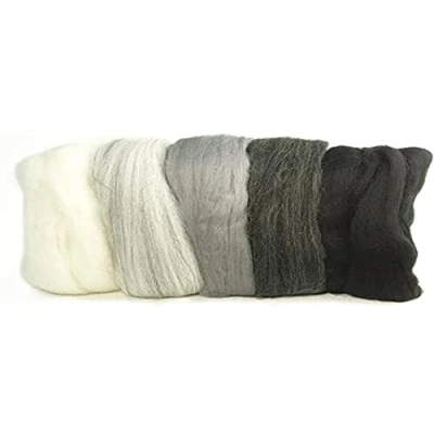 Abbildung von RAYHER HOBBY 5364900 Filzwolle, Merinowolle, Kammzug, fein, 19 mic, 5 Farben je 10g, Schwarz Weiß Grau, 100% Schafschurwolle zum Filzen, 50g