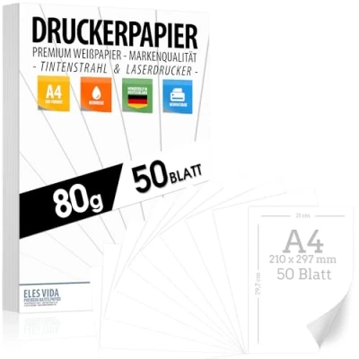 Abbildung von Druckerpapier A4 80g weiß 50 Blatt PREMIUM PAPIER Reinweiß DIN 21 x 29,7 cm Kopierpapier, Laserdrucker &amp; Tintenstrahl für Uni, Fotografie, Präsentationen Ideal Büro Office