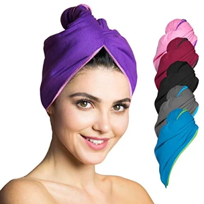 Abbildung von Fit Flip Haarturban Mikrofaser 1 Stück Haarhandtuch mit Knopf schnelltrocknend und saugstark Microfaser Kopf Turban Haar Handtuch (lila rosa)