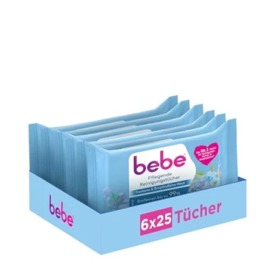 Abbildung von bebe Pflegende Reinigungstücher (6x25 Stk.), gründlich reinigende Abschminktücher für trockene, empfindliche Haut mit Kokoswasser, Gesichtsreinigungstücher entfernen bis zu 99% wasserfestes Make up