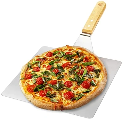 Abbildung von com four® Pizzaschaufel aus rostfreiem Edelstahl Pizza und Kuchenheber mit Holzgriff Pizzaschieber für Pizza, Flammkuchen, Brötchen Brot (silberfarben/braun eckig)