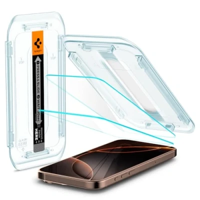 Abbildung von Spigen Glas.tR EZ Fit Schutzfolie kompatibel mit iPhone 16 Pro Max, 2 Stück, Kratzfest, 9H Härte Folie