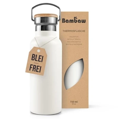 Abbildung von Bambaw Thermosflasche 750ml, Trinkflasche Weiß, Edelstahl Trinkflasche, Auslaufsicher, Wasserflasche, BPA Frei Polarweiß