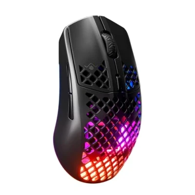 Abbildung von SteelSeries Aerox 3 Wireless RGB Gaming Mouse mit Öffnungen in der Oberfläche Federleichtes, wasserabweisendes Design Optischer TrueMove Air Sensor 18.000 DPI Onyx