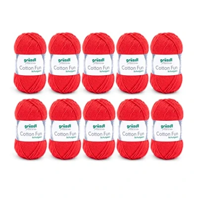 Abbildung von Gründl Cotton Fun Strickgarn/ Häkelgarn (weiches Garn aus 100% Baumwolle , OEKO TEX zertifiziert, 50 g/115 m, Nadelstärke: 3 4, 10 Knäuel á g), Signalrot, 27.00 x 11.00 07.00 cm