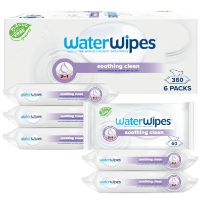 Abbildung von WaterWipes Lindernde säuberndeBabytücher, 360 Tücher (6 Packungen), mit 99% Wasser &amp; botanischen Extrakten, Feuchttücher für Gesicht Körper