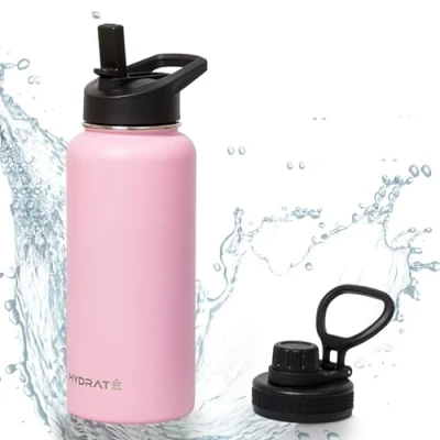 Abbildung von HYDRATE trinkflasche edelstahl wasserflasche 1l doppelwandige isolierte flasche zwei deckel mit strohhalm silikonkunststoff kirschblüten Set of 1