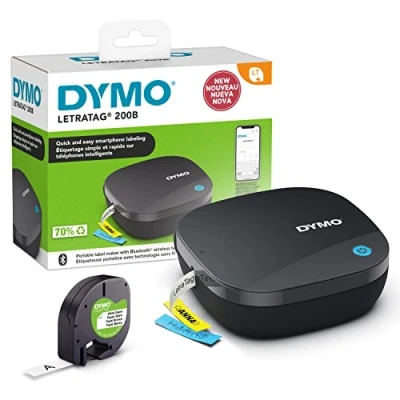 Abbildung von DYMO LetraTag 200B Beschriftungsgerät mit Bluetooth kompakter Etikettendrucker verbindet Sich über Wireless Technologie iOS und Android inklusive 1 x Papierschriftband in Weiß