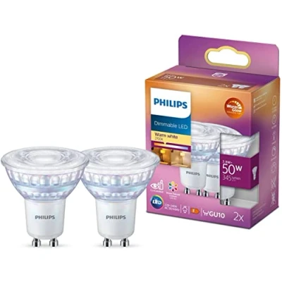 Abbildung von Philips LED classic WarmGlow Lampe 50W, GU10, Doppelpack, hohe Farbwiedergabe (RA90), warmwei脽 (2200 2700K), 345 Lumen, dimmbar