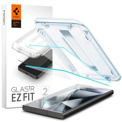 Abbildung von Spigen Glas.tR EZ Fit Schutzfolie kompatibel mit Samsung Galaxy S24 Ultra, 2 Stück, Kratzfest, Kristallklar, 9H Härte Folie