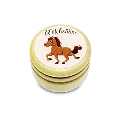 Abbildung von GICO Milchzahndose, Zahndose Milchzähne Bilderdose aus Holz mit Drehverschluss in diversen Motiven für Jungen und Mädchen 44 mm (PFERD) Made EU 7013