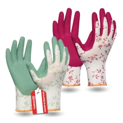 Abbildung von Gebol Flower Duo 2 Paar Größe S (Gr 7) Gartenhandschuh Doppelpack in den Trendfarben 2023 Arbeitshandschuh mit Blumenmuster weiche Latex Beschichtung für guten Grip Damen rot, grün