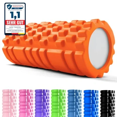 Abbildung von unycos Faszienrolle (33x14 cm), Fitness Rolle mit 3D Texturmassage und 50 Übungen E Book, Hartschaumrolle zur Selbstmassage, Belastbar 130 kg, Massagerolle für Funktionales Training (Orange)