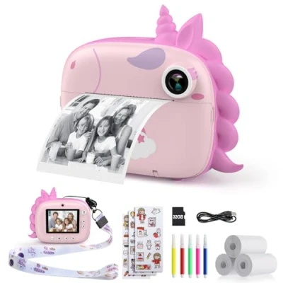 Abbildung von HiMont Kinderkamera Sofortbildkamera, Digitalkamera für Kinder mit Druckpapier &amp; 32G TF Karte, VideoKamera farbigen Stiften Lustige Accessoires, Geschenk 3 14 Jahren (Rosa)
