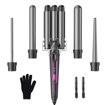 Abbildung von Lockenstab set 5 in 1 Welleneisen Lockenstäbe 3 Fässer für Große Keine Locken Keramik Lockenwickler mit Verschiedenen Aufsätzen Temperatureinstellung Schnelle Erwärmung Handschuh und 2 Clips