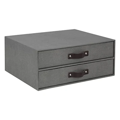 Abbildung von Bigso Box of Sweden BIRGER Schubladenbox für Dokumente und Bürobedarf Schreibtisch Organizer mit 2 Schubladen Ablagesystem aus Faserplatte Papier in Leinenoptik grau