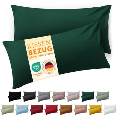 Abbildung von Blumtal Kissenbezug 40x60 cm im 2er Set weich Oeko TEX zert. Mikrofaser Kopfkissenbezug Kissenhülle waschbar 60x40 Dunkelgrün