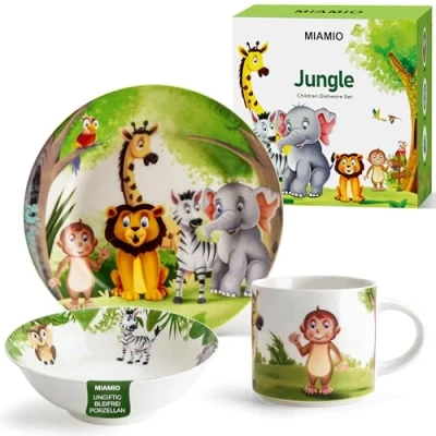 Abbildung von MIAMIO 3er Set Kindergeschirr/Porzellan Kinderbesteck, Kindergeschirr aus Porzellan Inklusive Teller, Schüssel und Tasse Für Kinder Kleinkinder (Dschungel) Jungle Grün