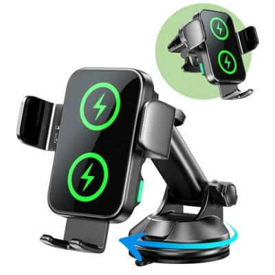 Abbildung von GuMosh 15W Handyhalterung Auto mit Ladefunktion, [Doppelspule] [360 Automatische Klemmung] Induktive Ladestation Wireless Charger für Lüftung+ Saugnapf, Kfz Ladegerät iPhone 16 12/Samsung