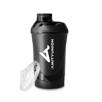 Abbildung von AMITYUNION Protein Shaker Deluxe 800 ml Eiweiß auslaufsicher BPA frei mit Sieb &amp; Skala für Cremige Whey Proteinpulver Shakes Fitness Becher Isolate und Sport Konzentrate Midnight Black