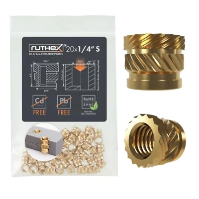 Abbildung von ruthex Gewindeeinsatz 1/4&quot; Zoll SHORT UNC 20 Stk. RX 1/4“ 20x6.4 BLEIFREIE Gewindebuchse aus Messing stabile Kameragewinde zum Einschmelzen einer Gewindehülse in 3D Druckteile Kunststoff