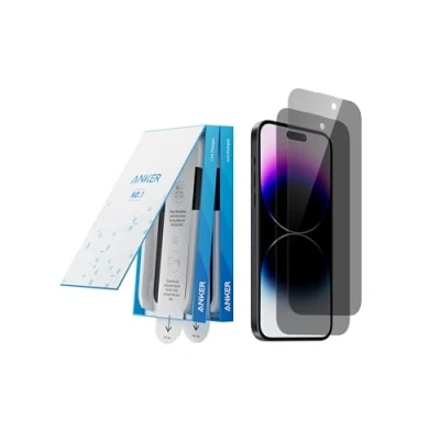 Abbildung von Anker Privacy Displayschutzfolie für iPhone 14 Pro Max (2er Pack), 17cm gehärtete Glasfolie mit einfacher Installation, 8K Ultra HD, 9H Härte, kratz und stoßfest, 12 Monate Garantie