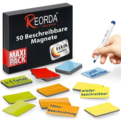 Abbildung von Reorda® Magnetstreifen beschreibbar 50 Stück wiederbeschreibbar 6 x 4 cm (Bunt) Beschreibbare Magnete für Whiteboard, Kanban, Magnettafel oder als beschriftbare den Kühlschrank