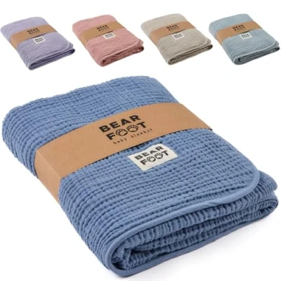 Abbildung von BEARFOOT Babydecke Musselin Fleecedecke (Baumwolle, Fleece) flauschig weiche Kuscheldecke, Baby/Neugeborene/Kinder Geschenk Junge &amp; Mädchen zur Geburt