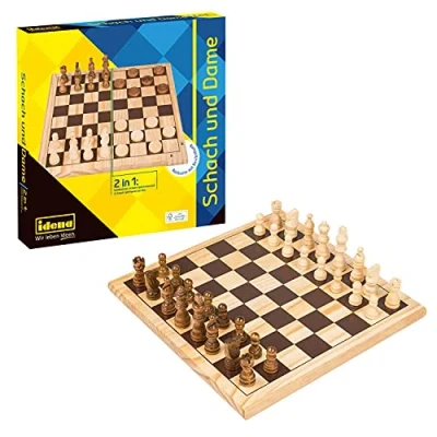 Abbildung von Idena 40174 Spieleklassiker Schach und Dame 2 in 1, mit Spielbrett, 32 Schachfiguren 24 flachen Steinen, für spannende Spielabende Freunden Familie