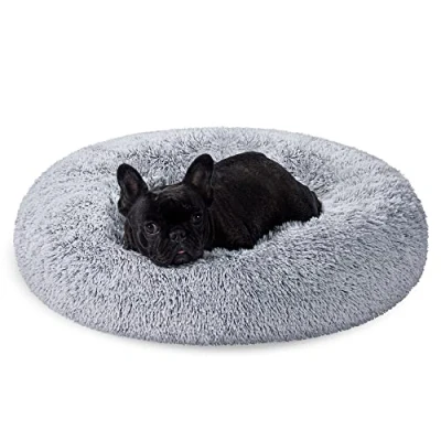 Abbildung von Feandrea Hundebett flauschig, Katzenbett, Donut Kissen, waschbar, Polsterung in der Mitte herausnehmbar, Langer Plüsch, 70 cm Durchmesser, Ombré Grau PGW039G01