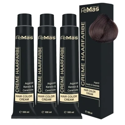 Abbildung von FemMas Haarfarbe 3x Hellbraun 5 I Professionelle Creme mit Arganöl, Keratin &amp; Ceramiden Als dauerhafte Haarfärbung oder Tönung für strahlende, haltbare Farbergebnisse 100 ml