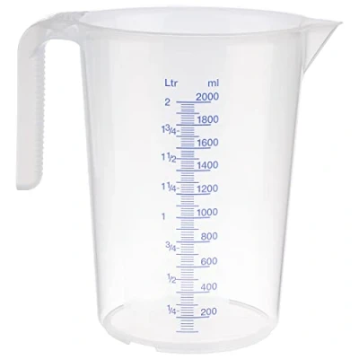 Abbildung von APS Messbecher 2 Liter, Ø 15 x H: 20,5 cm, Kunststoffbecher mit geprägter Maßskalierung außen, offener Griff, l /ml Einteilung, spülmaschinengeeignet