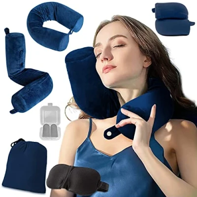 Abbildung von Reise Nackenkissen Memory Foam Reisekissen für Nacken Stützkissen Kann Biegen Nacken, Kinn, Taille, Knie, Kopf Stützen, Geeignet Busse, Züge, Bett, Büro (Navy Blau)