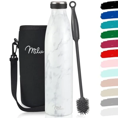 Abbildung von Milu Edelstahl Trinkflasche 350ml 500ml 750ml 1L, 1,5L Thermosflasche Isolierte Wasserflasche Auslaufsichere Isolierflasche doppelwandig Kohlensäure geeignet inkl. Reinigungsbürste (Marble, 750ml)