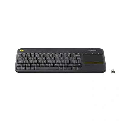 Abbildung von Logitech K400 Plus Kabellose TV Tastatur mit Touchpad, 2.4 GHz Verbindung via Unifying USB Empfänger, Programmierbare Multimedia Tasten, Windows/Android/ChromeOS, Schweizer QWERTZ Layout Schwarz