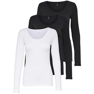 Abbildung von ONLY 3er Pack Damen Langarmshirt schwarz und weiß Langarm Basic Longsleeve Sommer aus 95% Baumwolle XS S M L XL 15209156