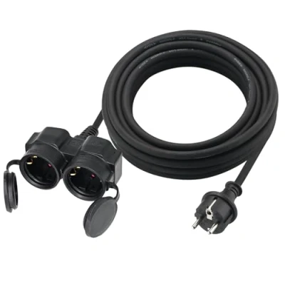 Abbildung von Verlängerungskabel Outdoor 5m mit 2 Schuko Steckdosen, Gummi Doppel Verlängerung Stromkabel für den Außenbereich IP44, Schutzkontakt Buchsen Schutzkappe, Fach Verteiler außen, 3500W, Schwarz