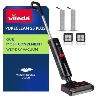 Abbildung von Vileda PureClean S5 Plus Smarter, Kabelloser Nass und Trockensauger 100% Trennung von schmutzigem sauberem Wasser Selbstreinigungsfunktion Mit Zubehör (2 Rollen 2 Filter)