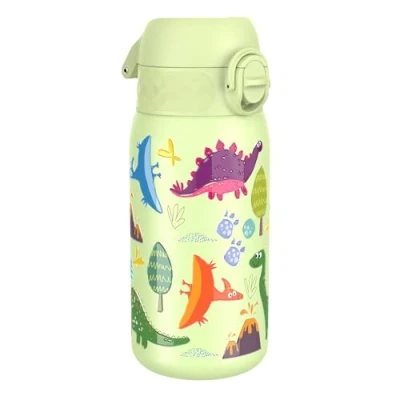 Abbildung von Ion8 Kinder Trinkflasche, Edelstahl 400ml, Auslaufsicher, Einhandöffnung, Sichere Verriegelung, Spülmaschinenfest, Klappdeckel, Tragegriff, Leicht zu Reinigen, Langlebig, Dinosaurier Design