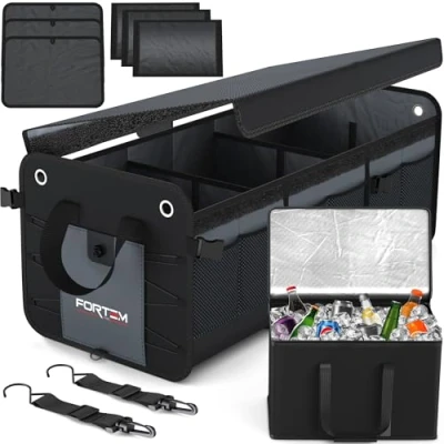 Abbildung von FORTEM Kofferraum Organizer, Kofferraumtasche, Zusammenklappbarer Auto Organizer mit Fächern, Rutschfester Boden, Verstellbare Sicherungsriemen, Klappbarer Deckel (Extragroß Kühler)