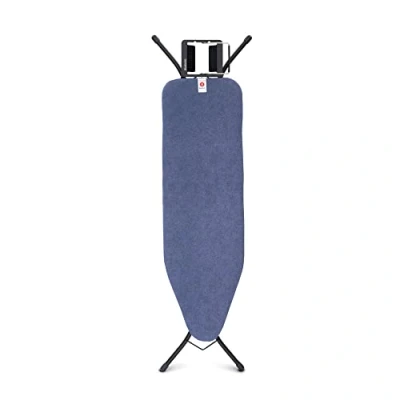 Abbildung von Brabantia Bügelbrett B für Dampfbügeleisen Höhenverstellbar Links und Rechtshänder Solider Vierfußrahmen Leicht versetzbar Bügeleisen bis 13,5 cm Denim Blue 124 x 38